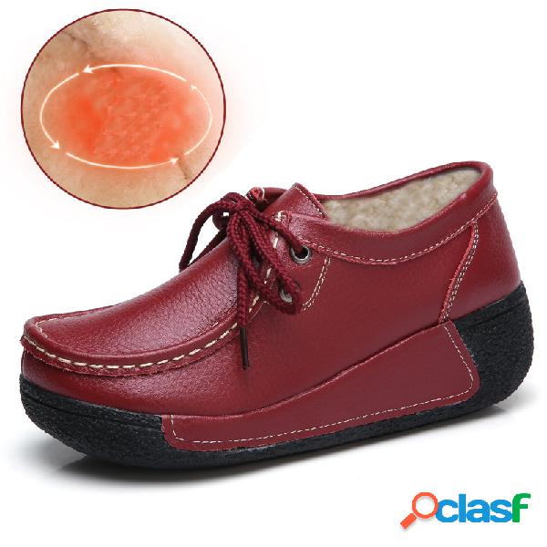 Mulheres Casual Inverno Quente Plush Lining Couro Lace Up