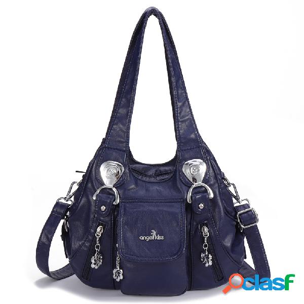 Mulheres Casual Soft Bolsa de couro Multi-bolsos Crossbody