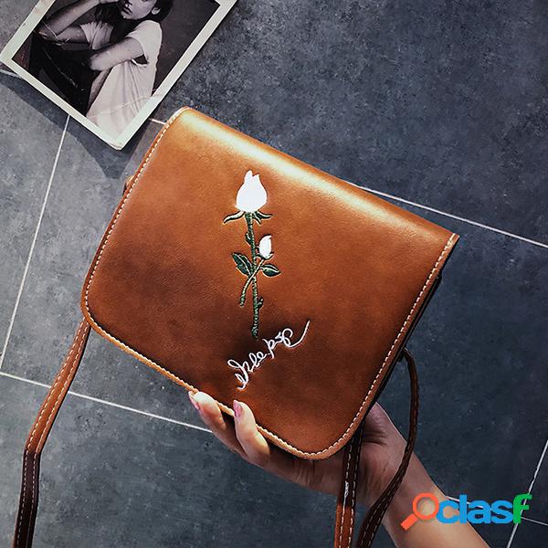 Mulheres Soft Couro Rosa Bordado Ombro Bolsa Slanting Small