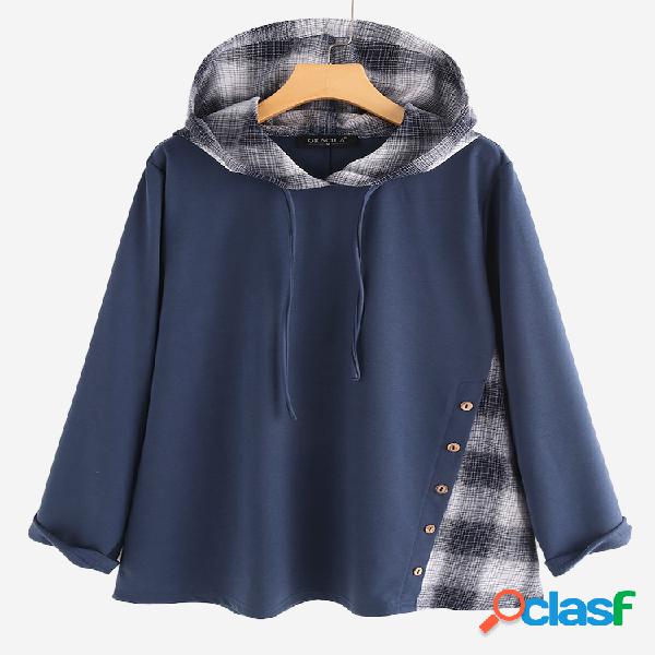 Patch Plaid Side Button Hoodies Casual para mulheres