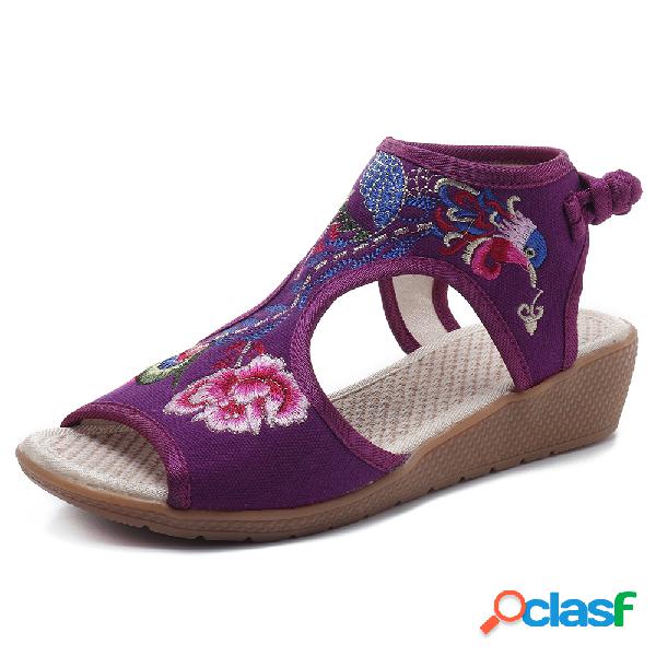 Peep Toe Bordado Cunha Fivela Sandálias Roxas