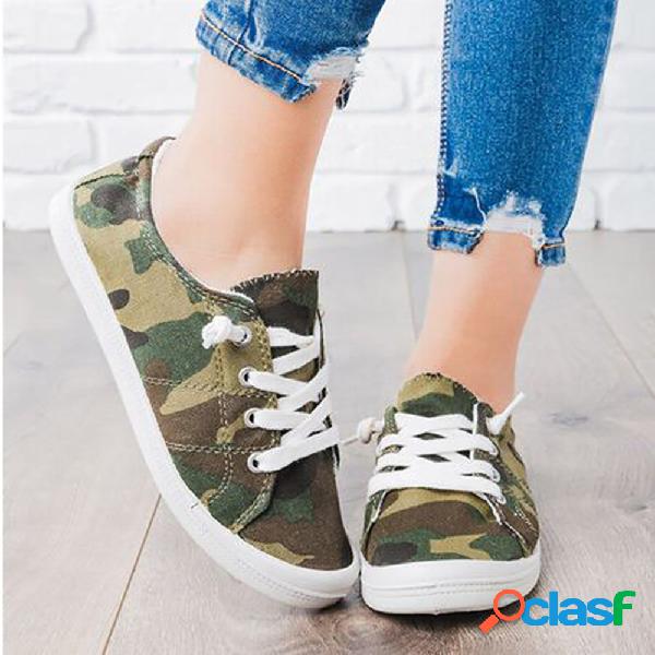 Plus Tamanho Mulheres Casual Exército Verde Canvas Lace Up
