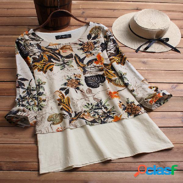 Print Patchwork Blusas Vintage Manga Comprida para Mulher