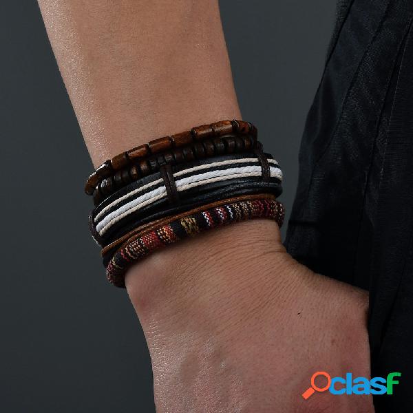 Pulseira Bohemian Multi Layer 5pcs pulseira de couro frisada