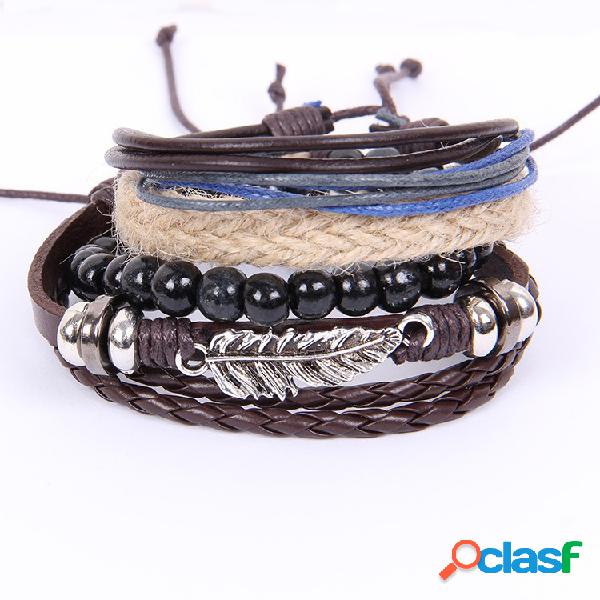 Pulseira Multicamadas Vintage Liga de Anjo Pena Homens