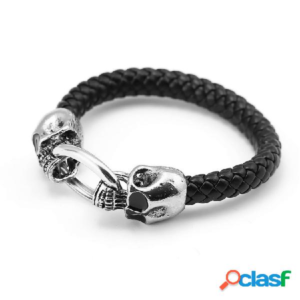 Punho Cuff Pulseiras Duplo Crânio Serpente Preta De Couro
