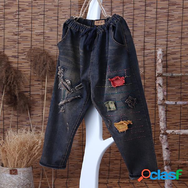 Remendo bordado rasgado Drawstring Vintage Denim