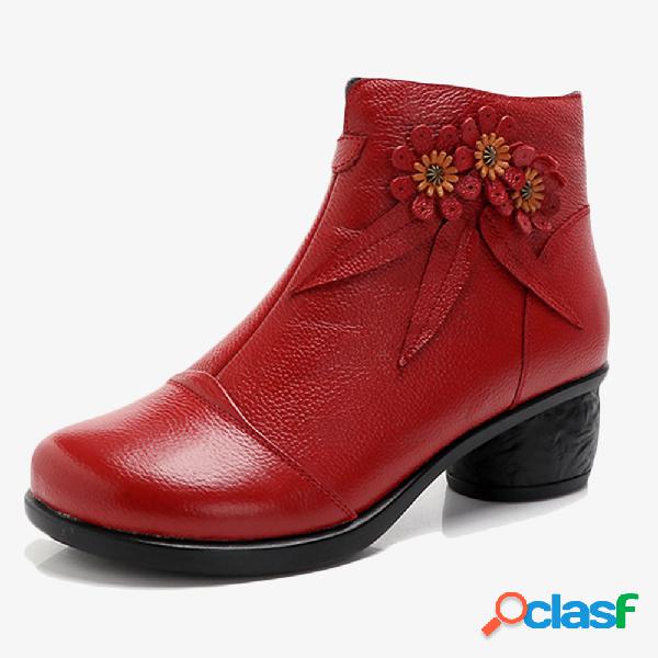 Retro mulheres Real flores de couro calcanhar robusto botas