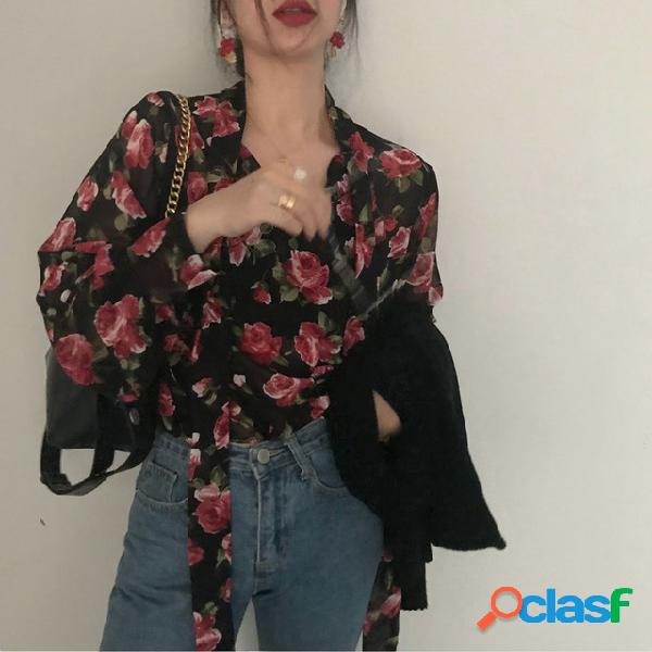 Rosa retro cor floral mangas lanterna chiffon assentamento