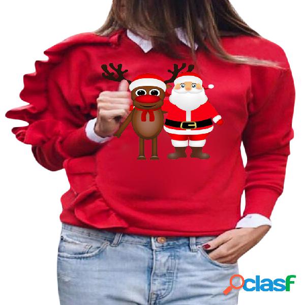 Ruffled Patchwork Santa Imprimir cor sólida Gola Sweatshirt