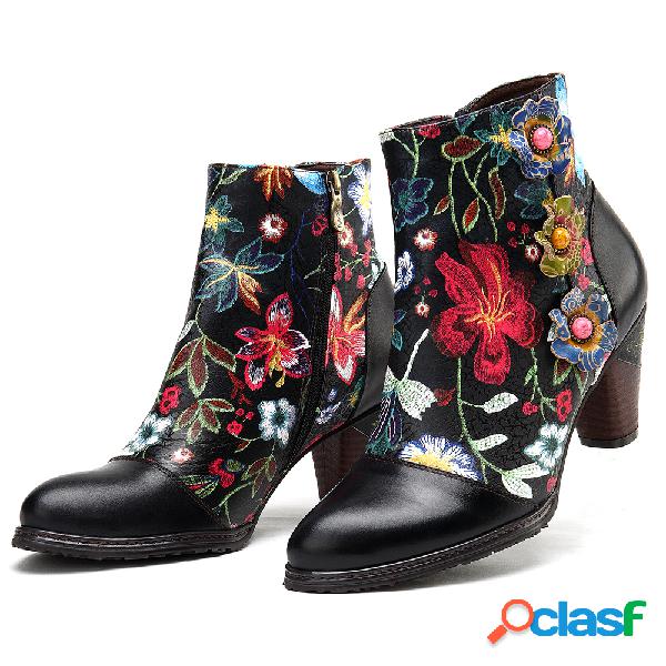 SOCOFY Colorful Floral Couro Genuíno Botas de tornozelo