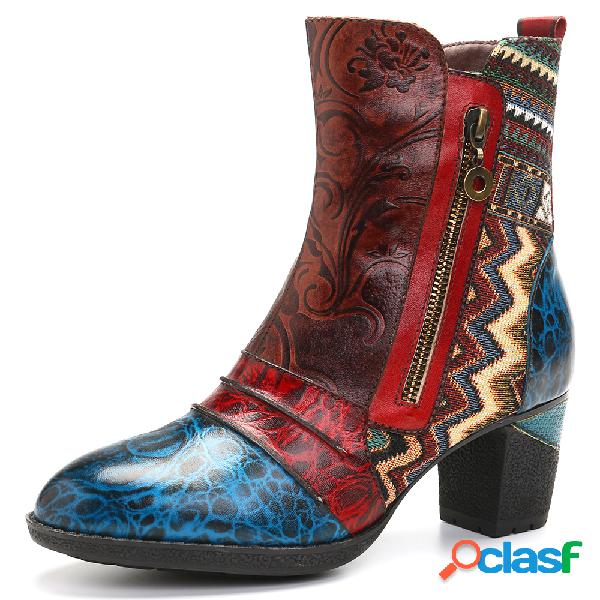 SOCOFY Couro retro em relevo Flor Folkways Estilo Double