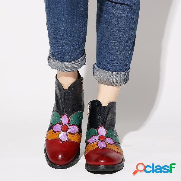 SOCOFY Retro Folha Flor Couro Genuíno Emenda Soft Botas