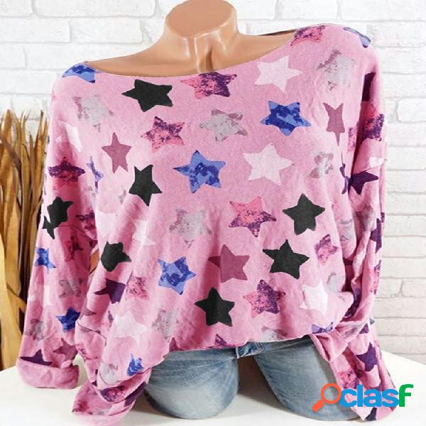 Scoop Pescoço Pentagrama Pullover Assimétrico Tops Blusa