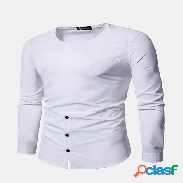 Slim Pure Pure Color Half Button Camisa Cuff Casual T-Camisa