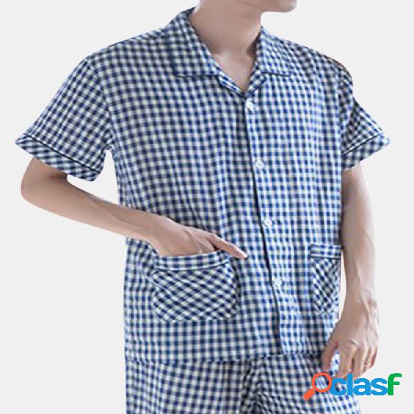 Solta Confortável Algodão Pijama Set Xadrez Design Lapela