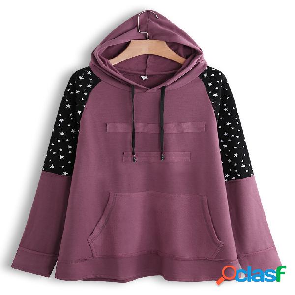 Star Print Patchwork Hoodie de manga comprida para as