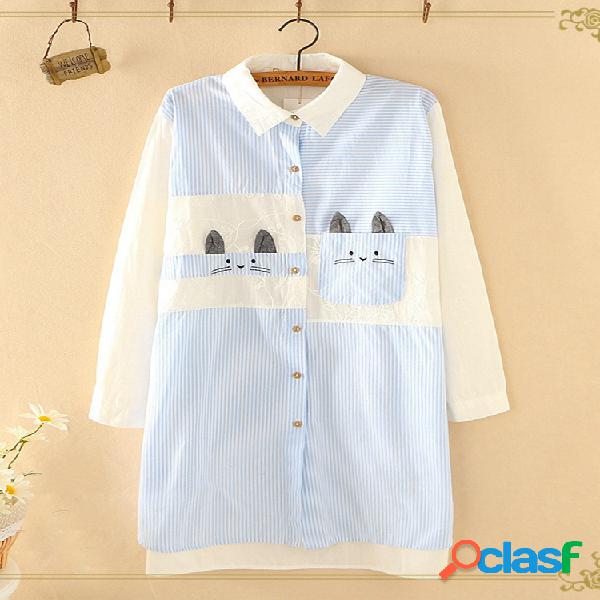 Stripe Patchwork Cat Camisas bordadas de manga comprida