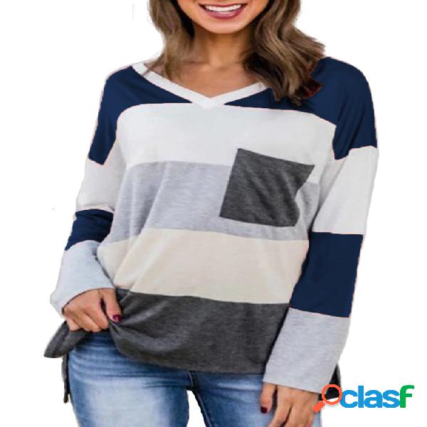 T-shirt de manga comprida com decote em v listrado casual