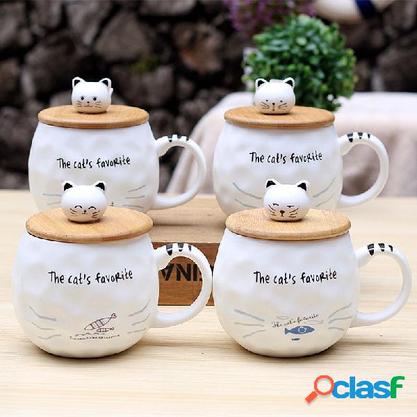 Tampa de madeira Cat Cerâmico Cup Cat Fish With Spoon Round