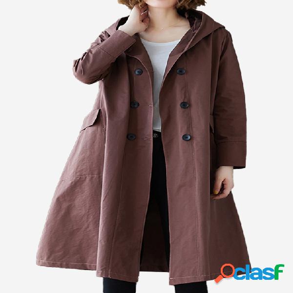 Trench Coat Casual com capuz Plus de tamanho sólido para