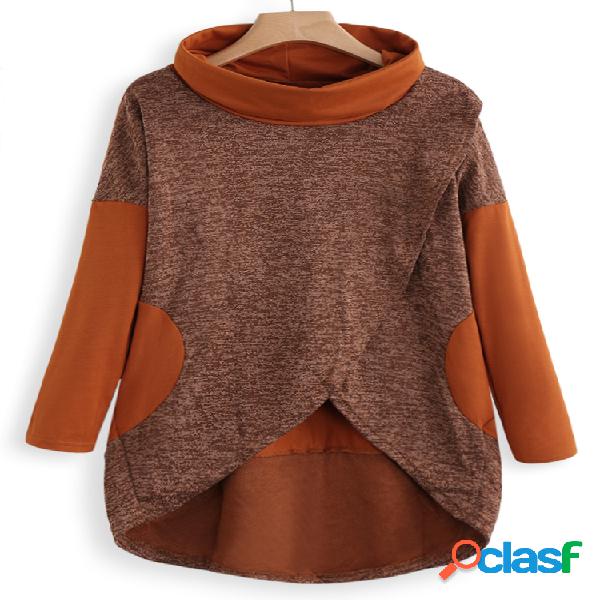 Tricô assimétrico Hem bolsos falsos alta pescoço T-shirt