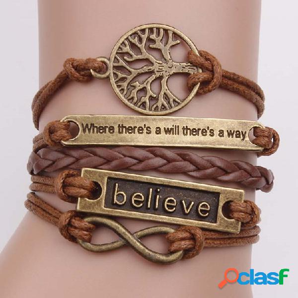 Unisex Vintage Multilayer Pulseira Oco Árvore da Vida