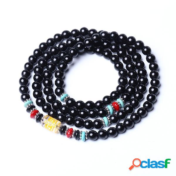 Unisex Vintage Multilayer Pulseira de Pedra Natural Preto