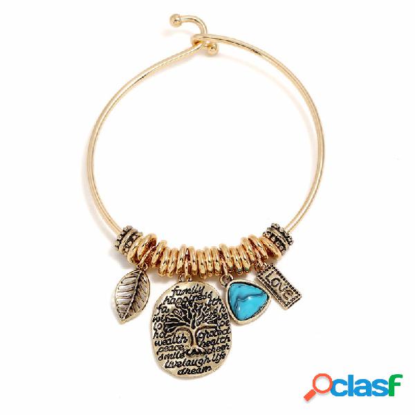 Vintage Dangle Pulseira Folha Oval Árvore Planta Azul