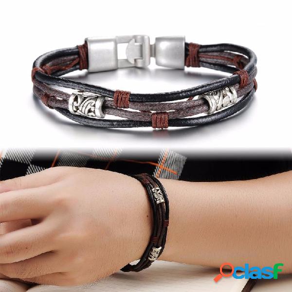 Vintage Multicamadas Cuff Pulseira De Couro Geométrica
