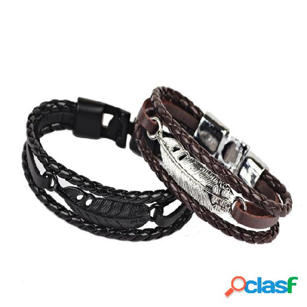 Vintage Multicamadas Pulseira Mão Punk Onda de Couro Folha