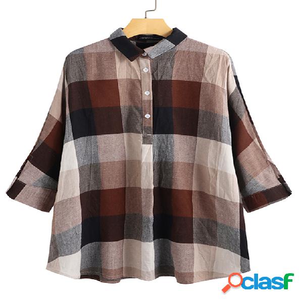 Vintage Plaid Turn-down Collar Blusa de manga 3/4 para