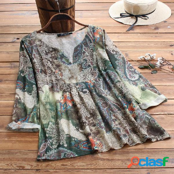 Vintage Print Decote em V Plus Blusa de Tamanho