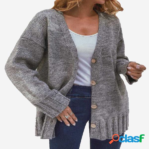 Vintage Solid Color Decote em V Botão Cardigan Para