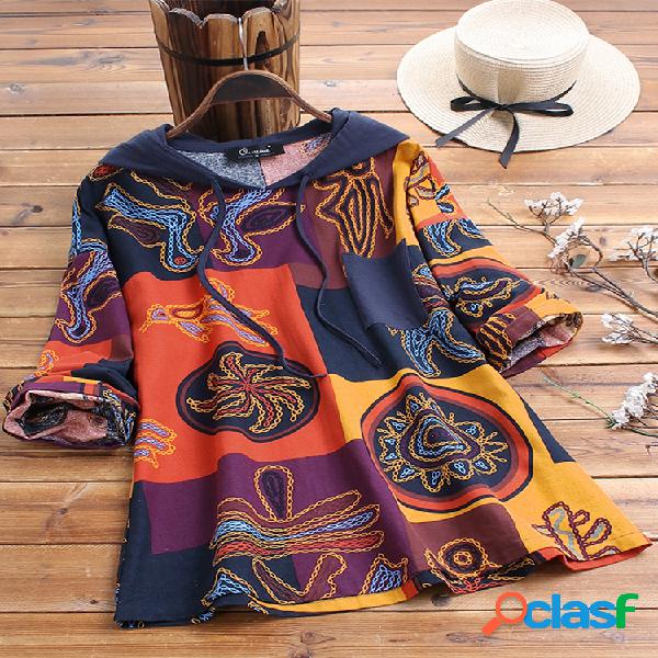Vintage impresso com capuz manga comprida Plus blusa de