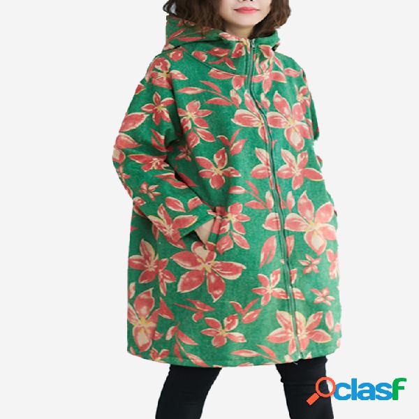 Zíper com capuz de impressão floral vintage engrossar
