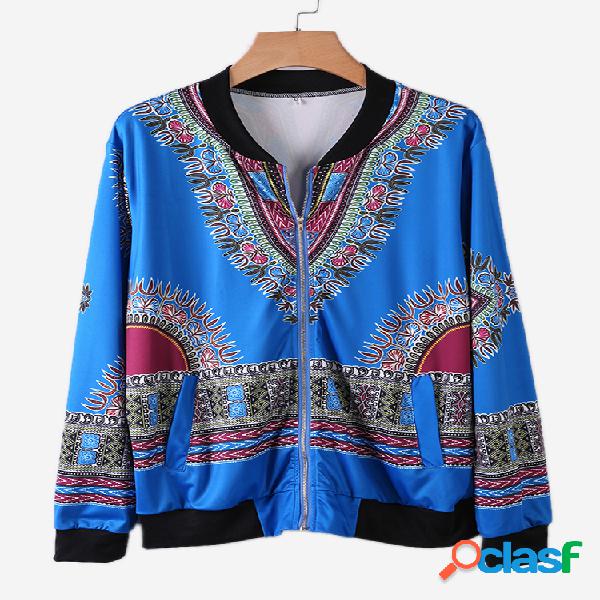 Étnico Impresso Long Sleeve Zipper Fly Fino Casacos