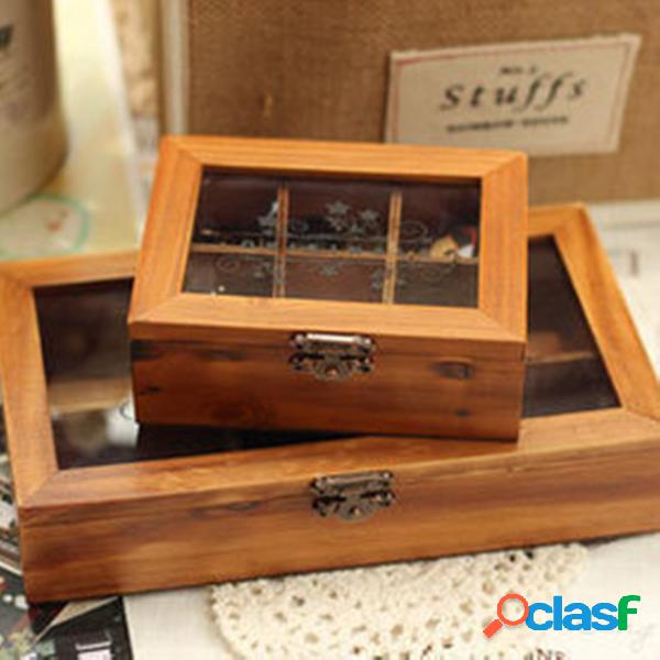 1pc Retro Vintage Wood Wooden Clear Cover Jóias Caixa