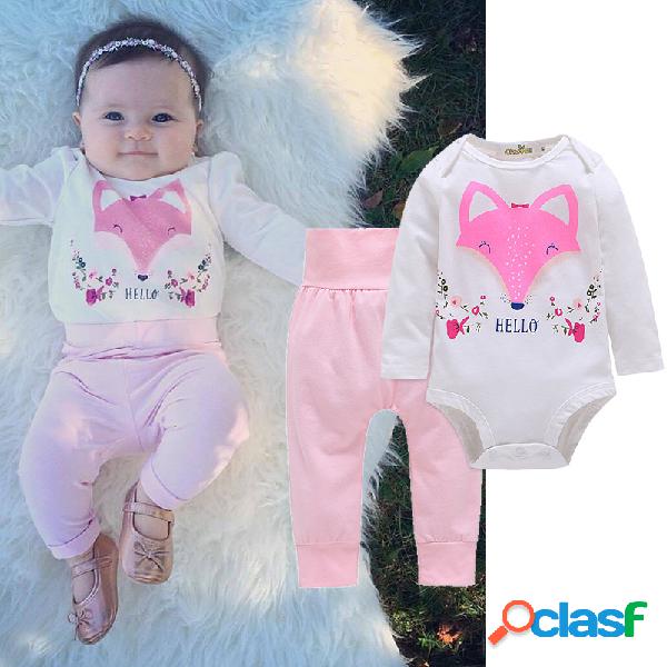 2pcs Fox bonito Padrão Meninas Romper manga comprida