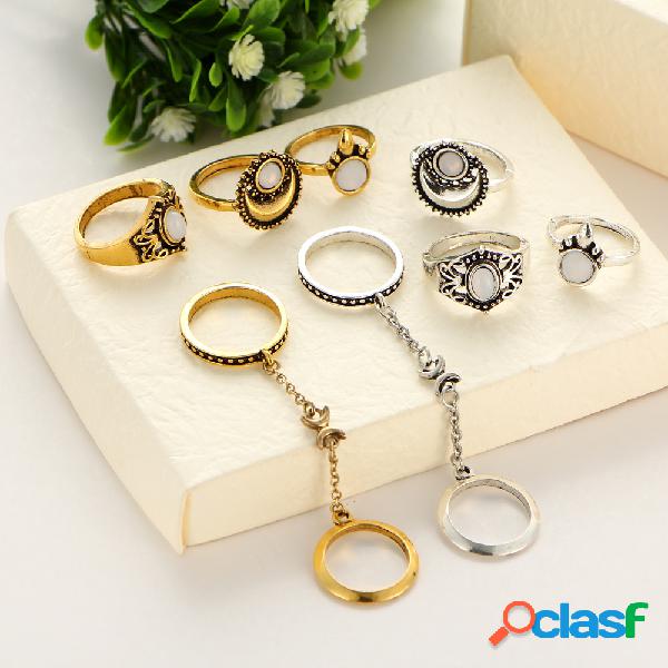 5 Peças Conjunto de Anel Boêmico Vintage Lua de Opala