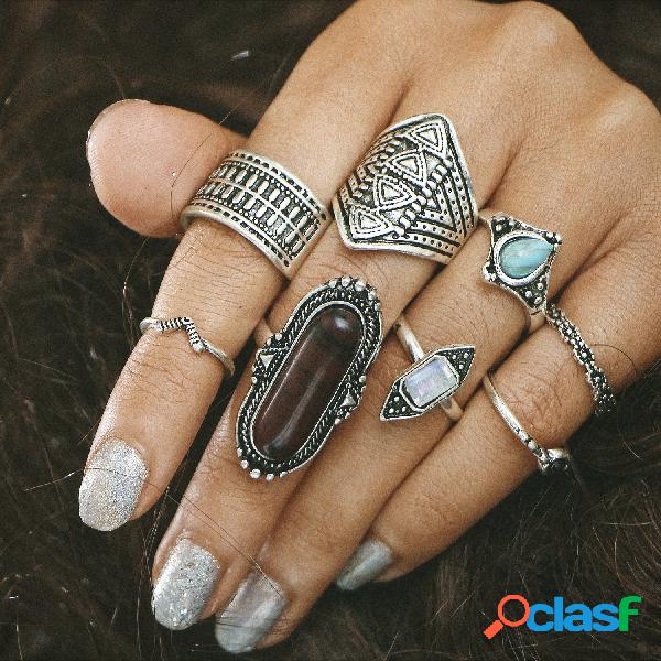 8 Pcs Bohemian Ring Set Vintage Turquesa Jóia de Prata Ouro