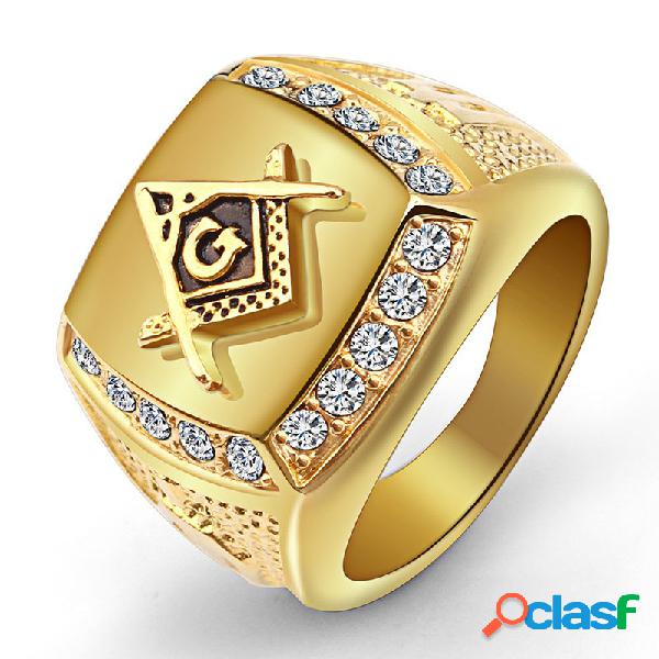 Anel Moderno Masculino Quadrado de Ouro Strass Aço de