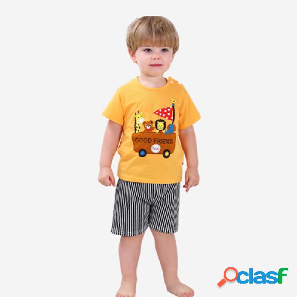 Animal Boy Car Striped Print manga curta Soft Pijama