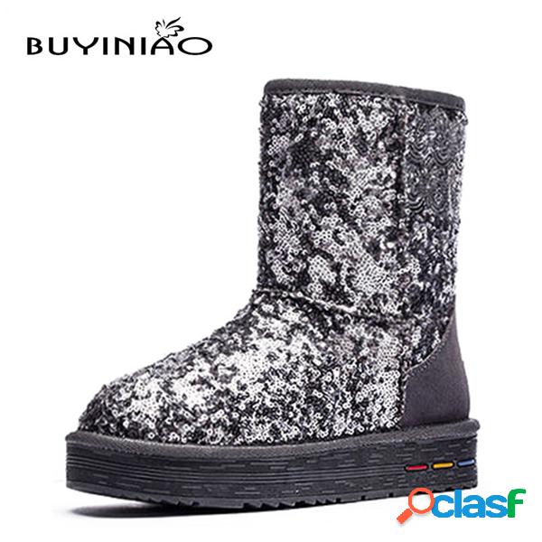 BUYINIAO Bling Cotton Flat Snow Boots