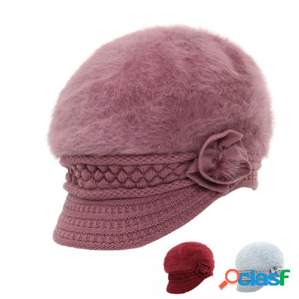 Beret Fur feminino com guarnição de malha Chapéu