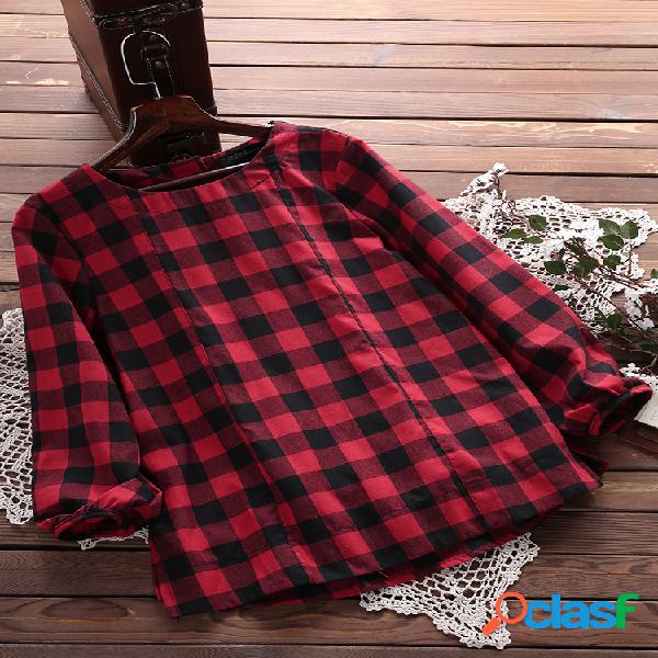 Blusa Axadrezada Solta Bainha Irregular Manga Longa