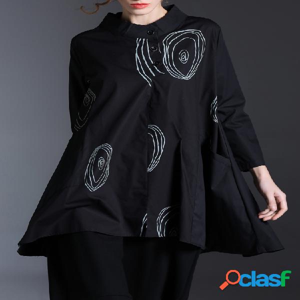 Blusa Casual Solta Estampada Gola Alta Manga Longa