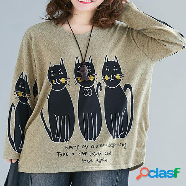 Blusa Crewneck de manga comprida com estampa de gatos