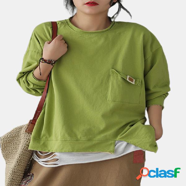 Blusa assimétrica do bolso do bordado da cor sólida do