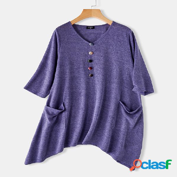 Blusa assimétrica do botão da bainha da cor sólida com